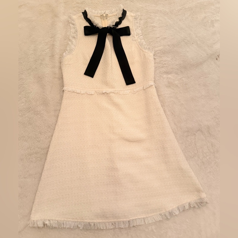 Cream Bow-Accent Tweed Kids Dress